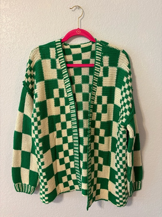 Amazon Sweaters - Amazon Green and Cream Checkerboard Open Cardigan